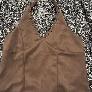 Brown Lace-Up Halter Tank Top